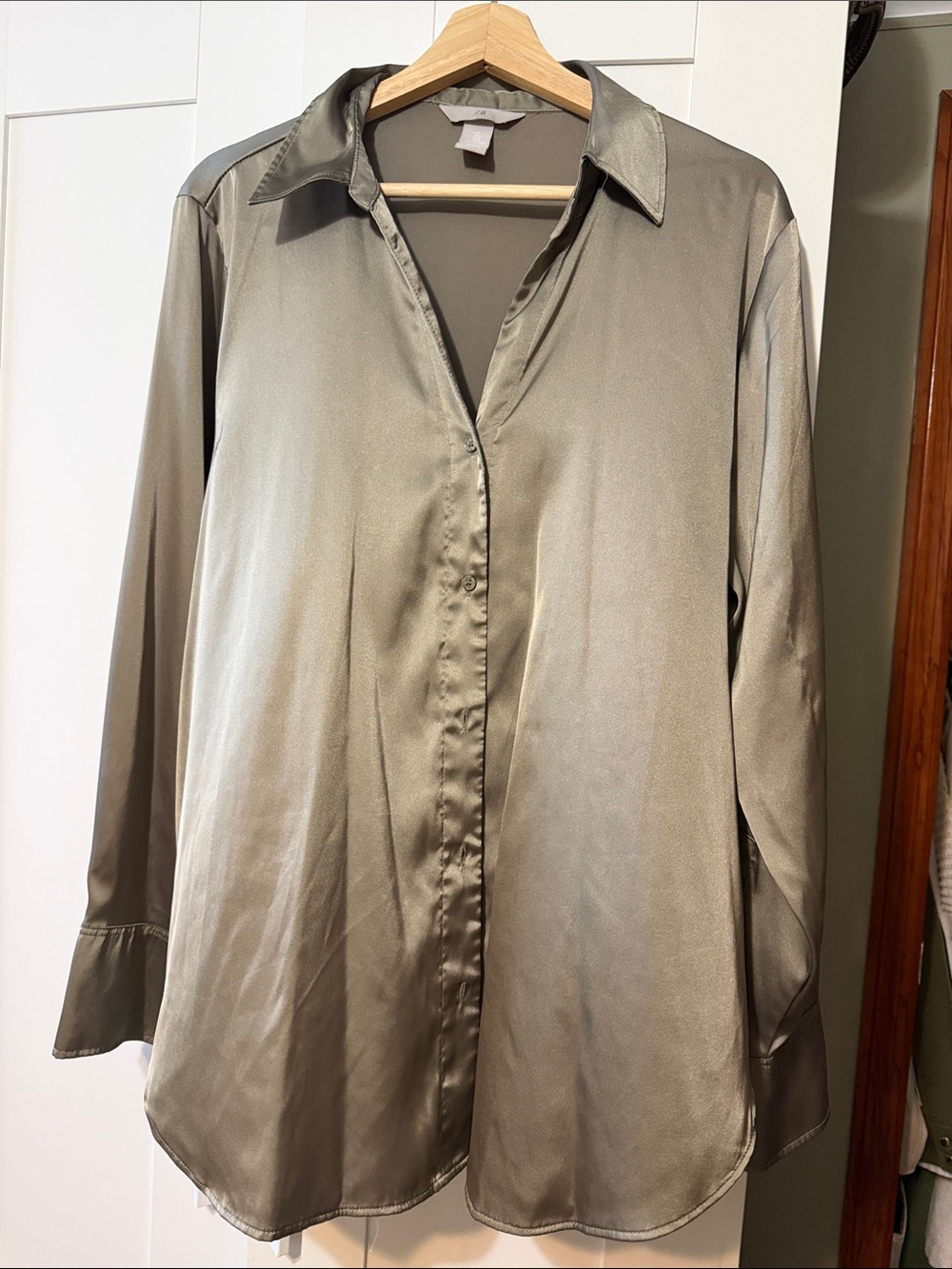 H&M Olive Satin Button-Down Shirt